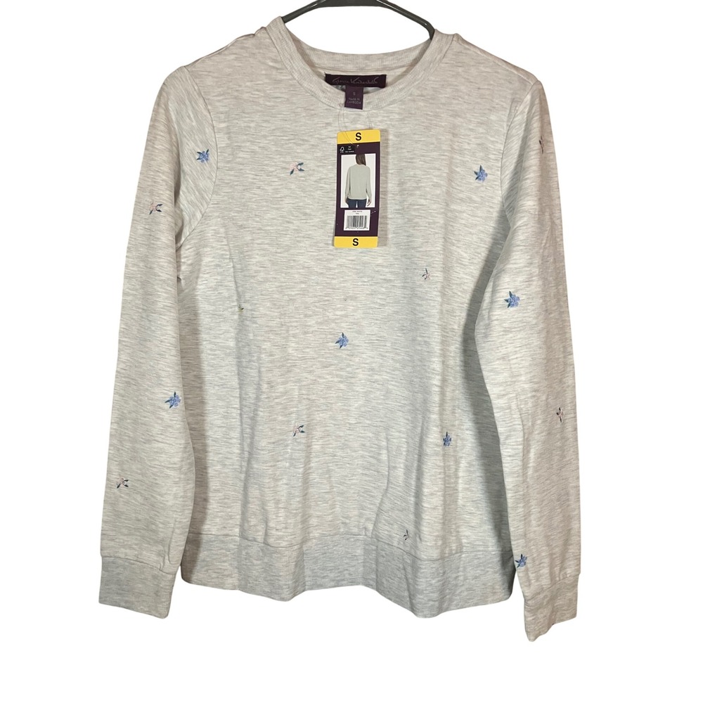 Gloria Vanderbilt Gray Embroidered Crewneck Sweatshirt Women's Small Flowers
